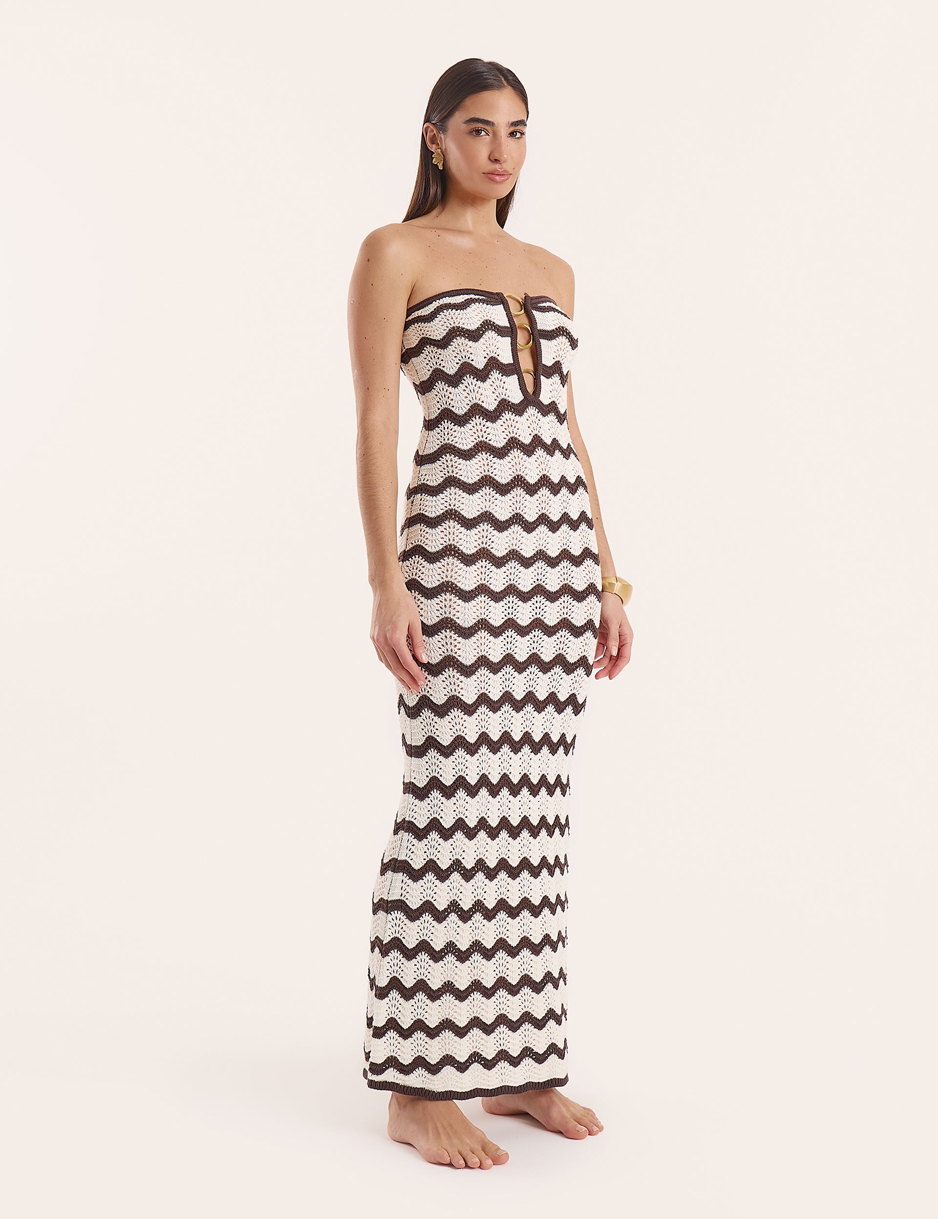 Chocolate And Cream Chevron Print Knitted Bandeau Maxi Dress